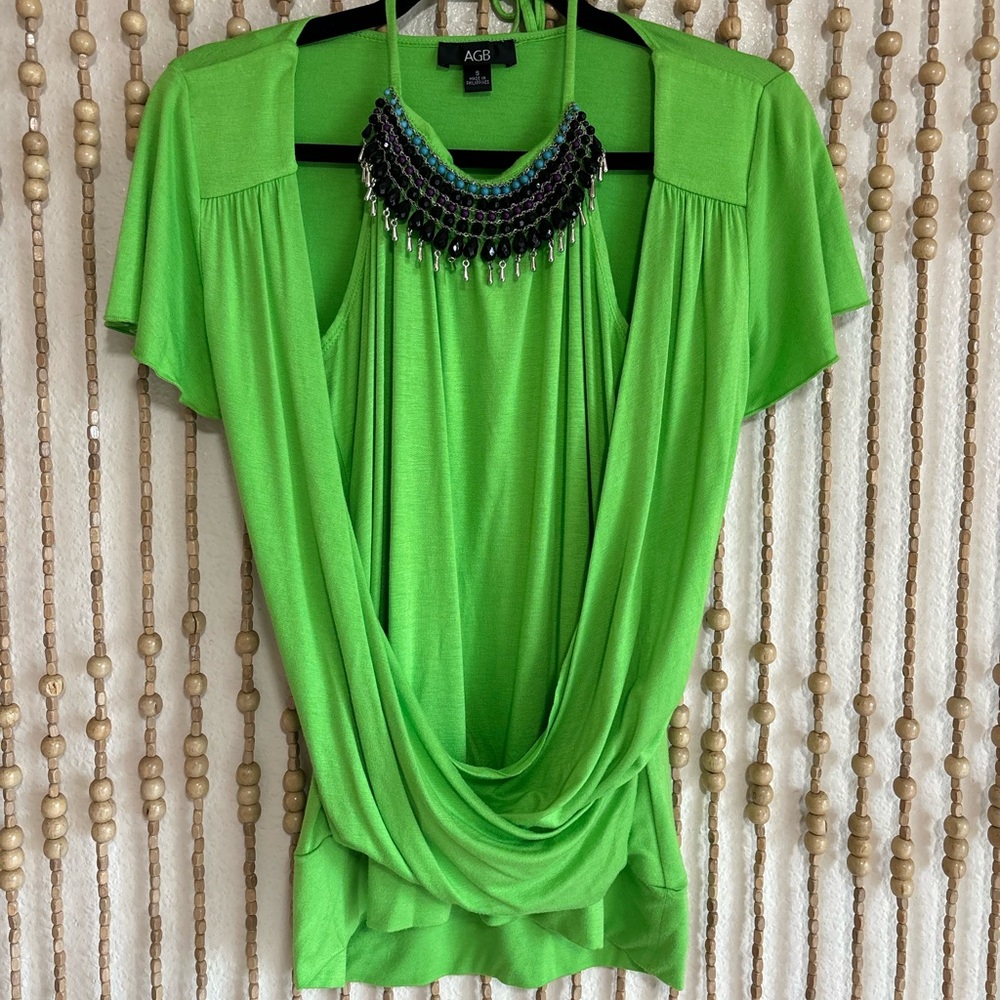AGB Bright Green Y2K 2000s Beaded Embellished Wrap Boho Beach Glam Blouse Top